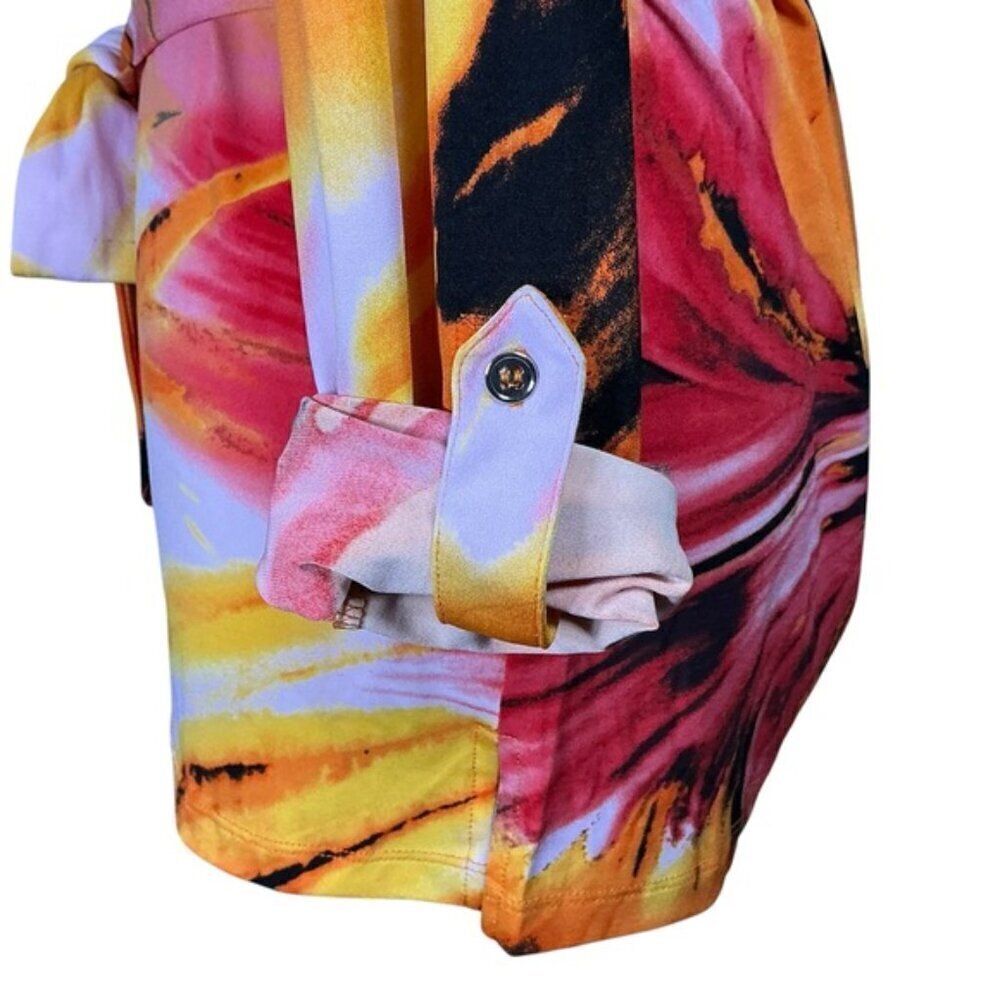 Carmen Marc Valvo Tunic V Neck Chain Long Roll Up Sleeve Tropical Coral Pink SM - Picture 11 of 16